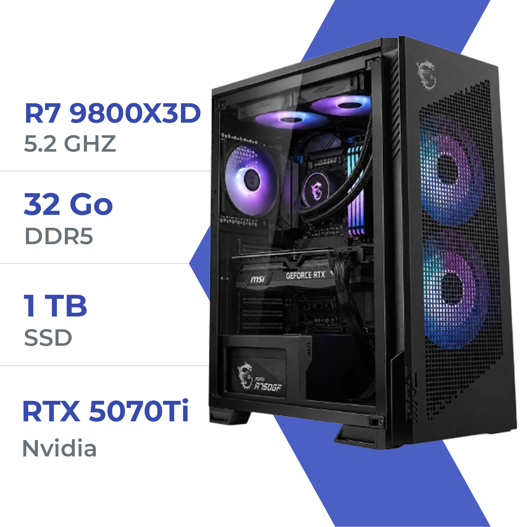 PC Gamer Techspace R7 9800X3D /1TB SSD/32GB/RTX 5070Ti - Techspace.ma