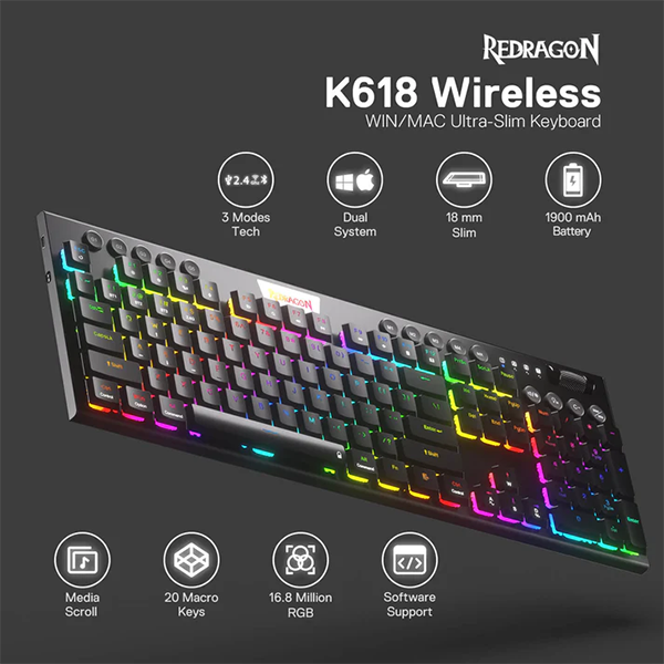 Redragon K618 PRO Wireless Low Profile Red Switches Casablanca